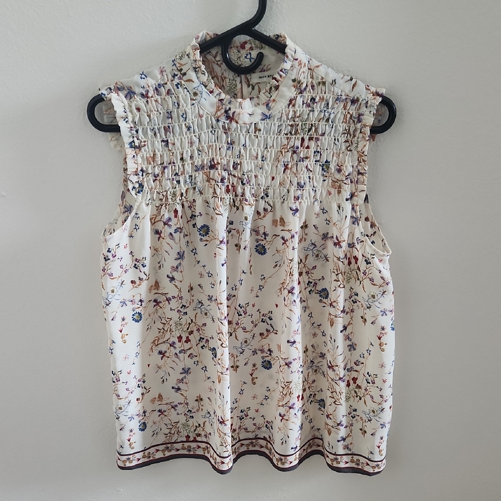 Max Studio Floral Smocked Blouse Cream
